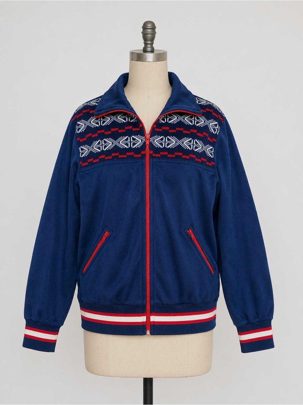 Vintage 70s Nordic Ski Track Jacket Fair Isle Retro Sportswear Zip Womens S XS